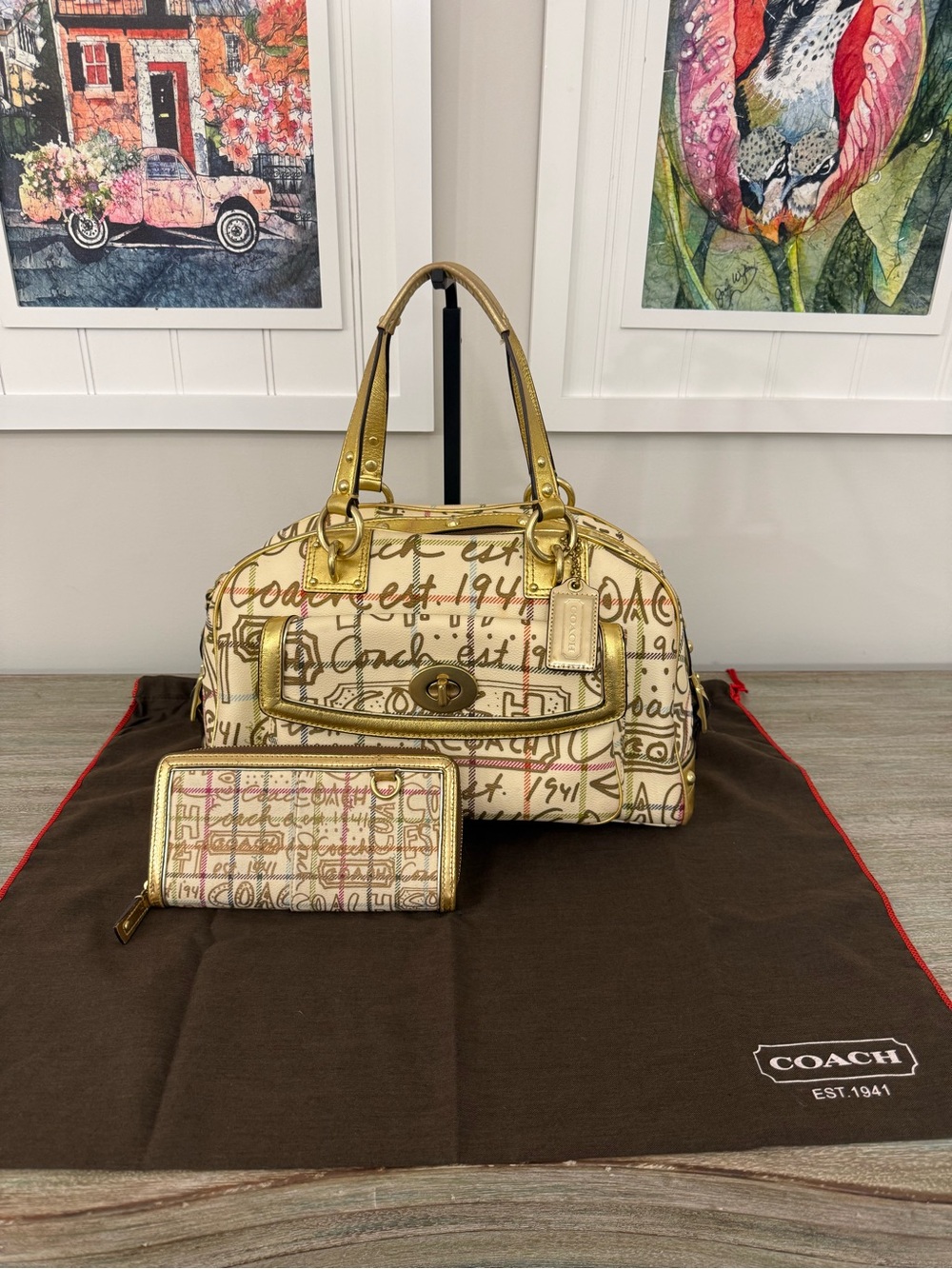 Vintage Coach Graffiti Tattersall Chelsea Satchel & Wallet Set Gold Y2K F13186
